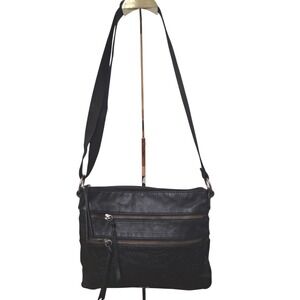 The Sak Reseda Black Leather Floral Embossed Zip Casual Crossbody‎ Casual Bag